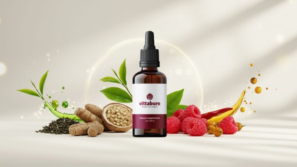 Realistic, high-quality image of a VittaBurn Drops bottle in the center, surrounded by natural ingredients like green tea leaves, maca root, guaraná berries, cayenne pepper, and raspberries. Clean bright background (white or light pastel), soft shadows, subtle glow to convey energy and vitality. Professional, trustworthy look for U.S. health & wellness audience. Minimal text optional: 'Liquid Fat Burner – VittaBurn Drops