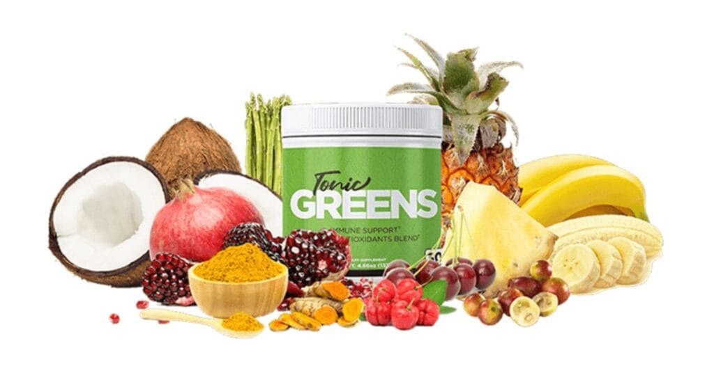onic Greens ingredients displayed with green superfoods, plant extracts, vitamins, and antioxidants representing immune, digestive, and daily wellness support.