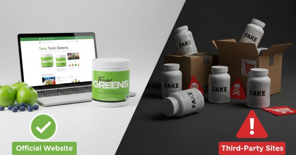 Split image comparing the official Tonic Greens website as the trusted purchase option versus third-party marketplaces with warning symbols indicating potential risks.