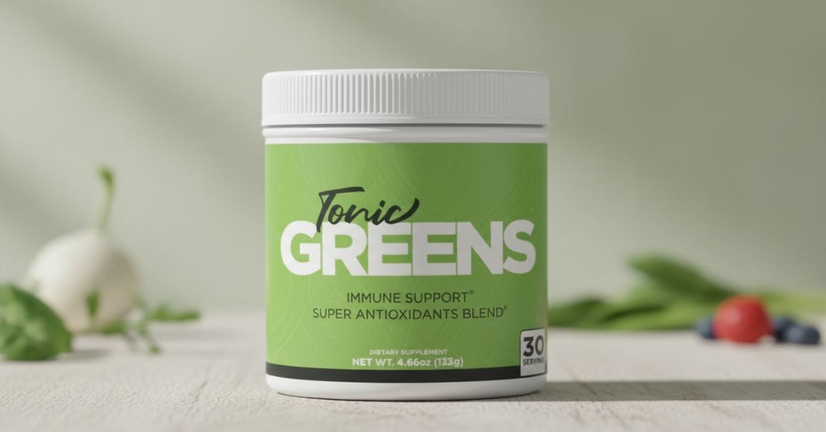 Tonic Greens powdered supplement container displayed with a green wellness background, representing daily immune, digestive, and nutritional support.