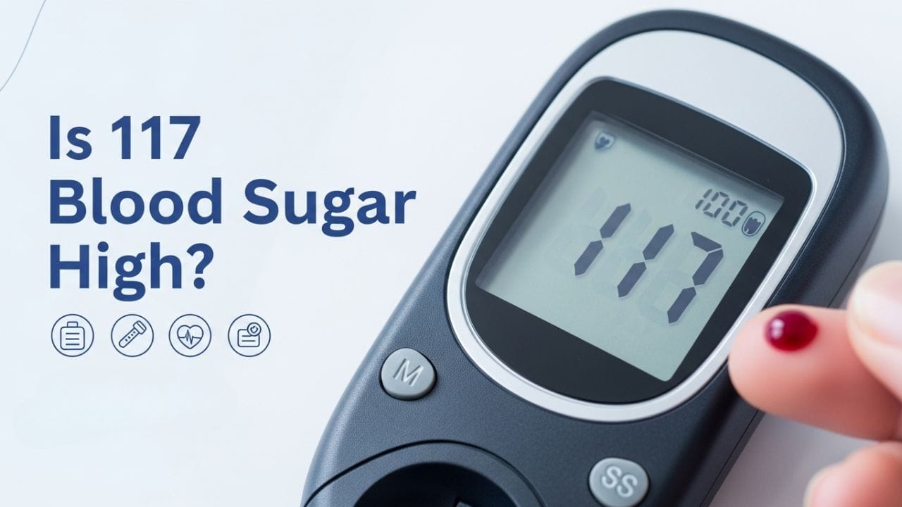 Blood glucose meter showing 117 with a finger prick and drop of blood, illustrating whether 117 blood sugar is high.