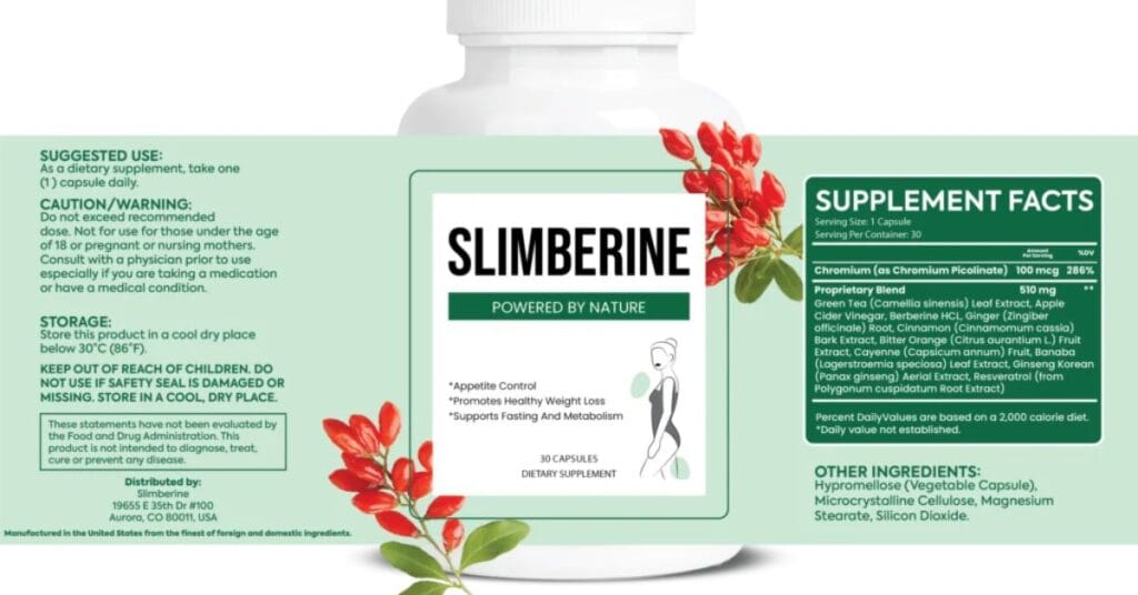 Slimberine supplement bottle label showing natural ingredients and liver-support formula for healthy weight loss and metabolism
