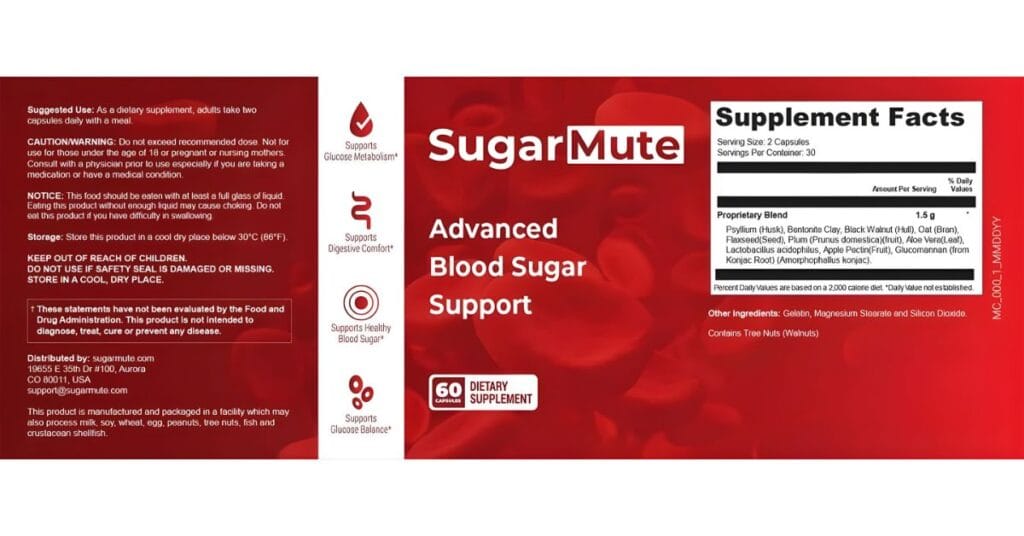 SugarMute supplement label showing ingredient blend and blood sugar support information on the official product packaging.