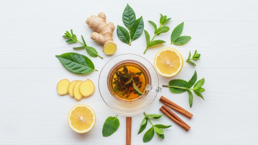 Herbal tea with fat burning herbs for females, featuring natural ingredients like green tea, ginger, lemon, and mint for weight loss and a flat tummy.