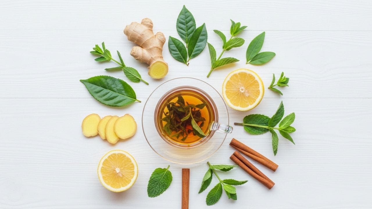 Herbal tea with fat burning herbs for females, featuring natural ingredients like green tea, ginger, lemon, and mint for weight loss and a flat tummy.