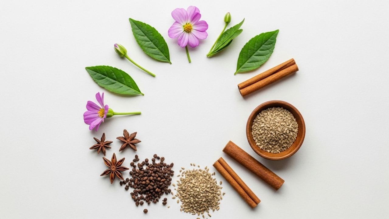 Flat-lay image of Oolong tea, chamomile flowers, Ceylon cinnamon sticks, yerba maté, and mulberry leaves arranged on a clean background, representing teas that may help support healthy blood sugar levels.