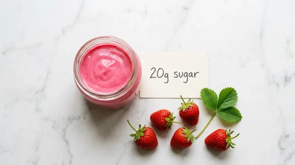 Glass of pink flavored yogurt beside 20g sugar card and fresh strawberries on white marble — flavored yogurt spikes blood sugar
