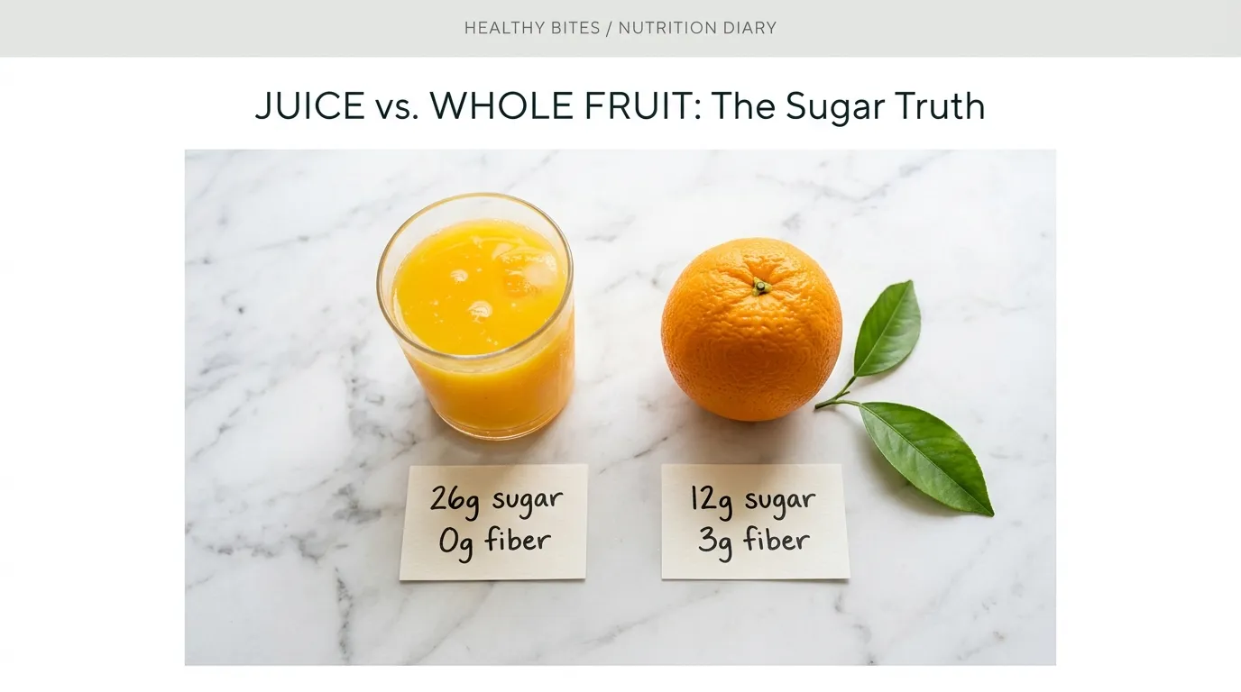 fruit-juice-vs-whole-fruit-blood-sugar Glass of orange juice beside whole orange with sugar and fiber comparison cards on white marble — fruit juice spikes blood sugar faster than whole fruit
