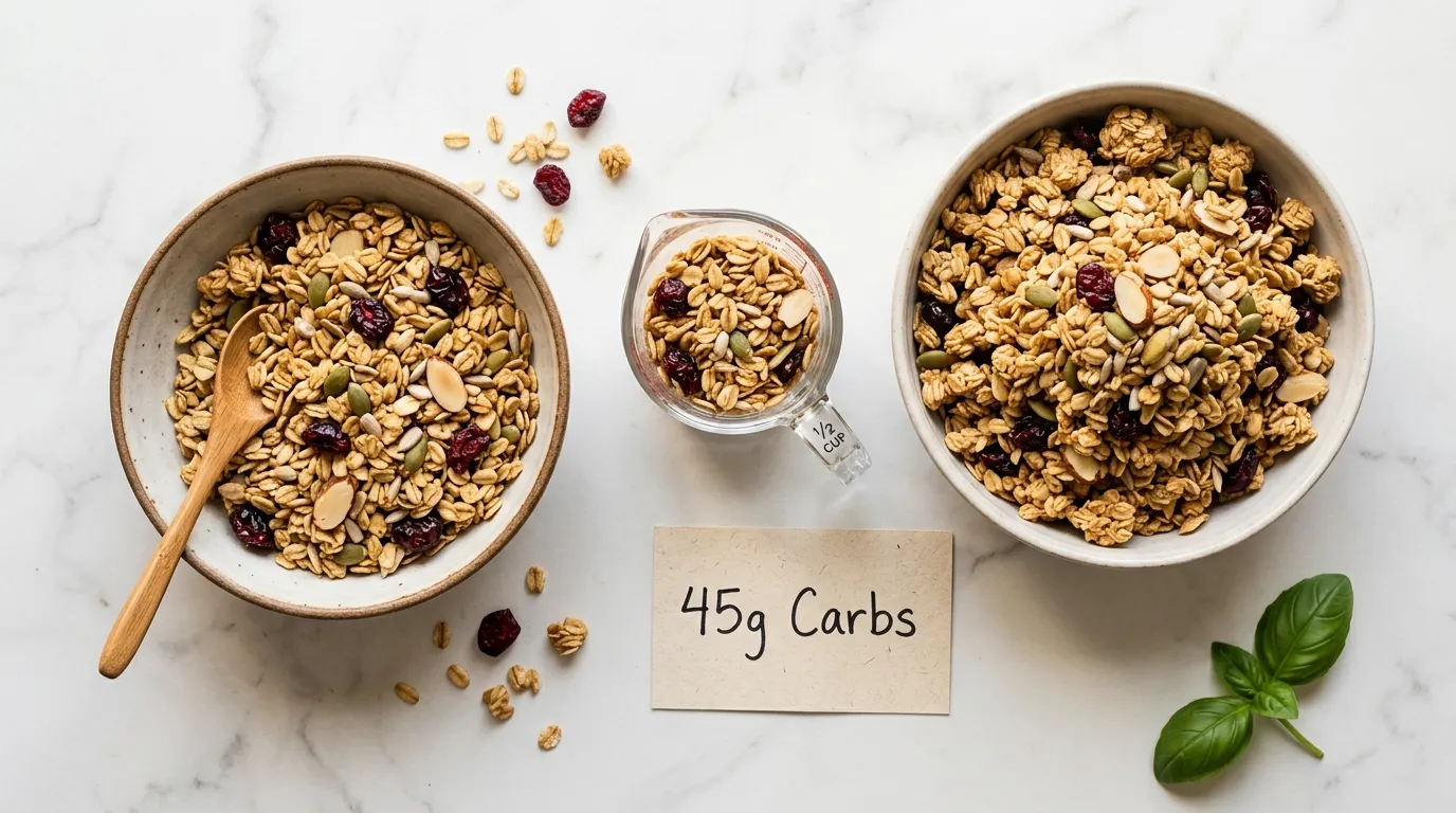 granola-blood-sugar-spike-serving-size Bowl of granola with measuring cup and 45g carbs card on white marble — granola spikes blood sugar serving size explained