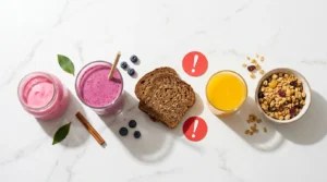 Flavored yogurt smoothie whole grain bread orange juice and granola lined up on white marble with warning symbol — 5 healthy foods that actually spike blood sugar 2026 guide