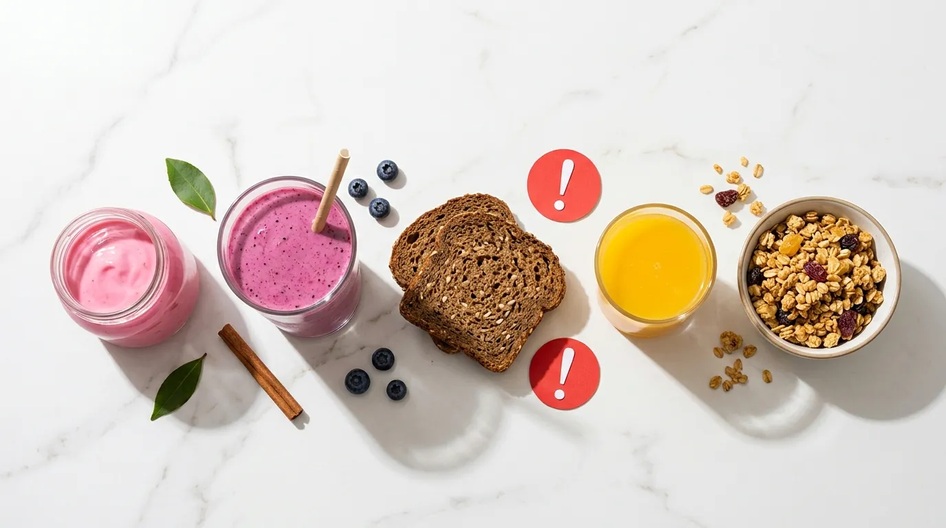 Flavored yogurt smoothie whole grain bread orange juice and granola lined up on white marble with warning symbol — 5 healthy foods that actually spike blood sugar 2026 guide