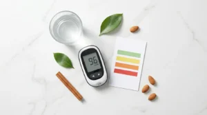 Glucose meter beside blood sugar reference chart water glass and almonds on white marble — is 117 123 215 or 298 blood sugar high chart and what to do next 2026