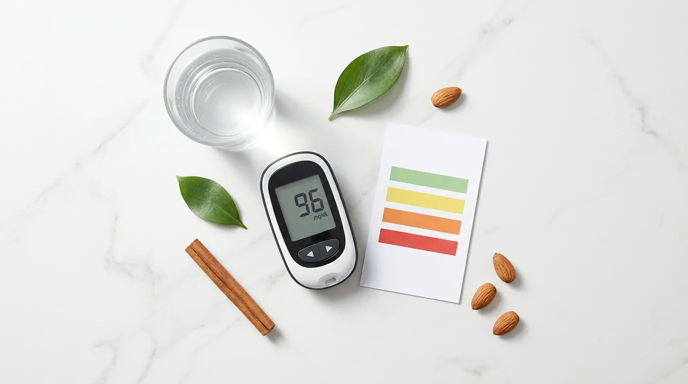 Glucose meter beside blood sugar reference chart water glass and almonds on white marble — is 117 123 215 or 298 blood sugar high chart and what to do next 2026