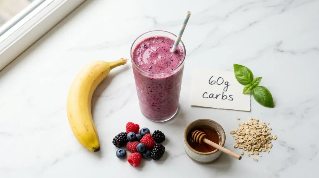 Colorful fruit smoothie beside banana berries honey and 60g carbs card on white marble — smoothies spike blood sugar