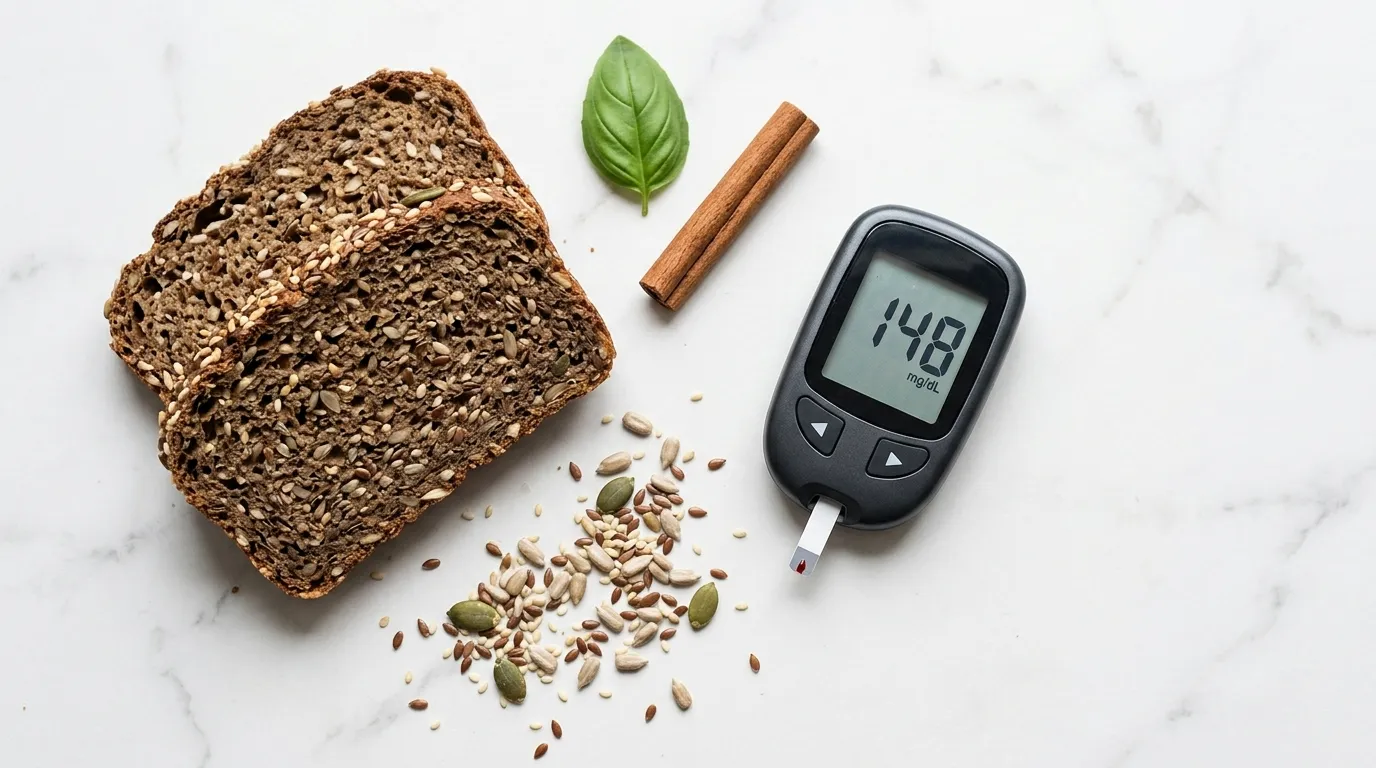 whole-grain-bread-blood-sugar-spike Two slices of whole grain bread beside glucose meter on white marble — whole grain bread blood sugar impact explained