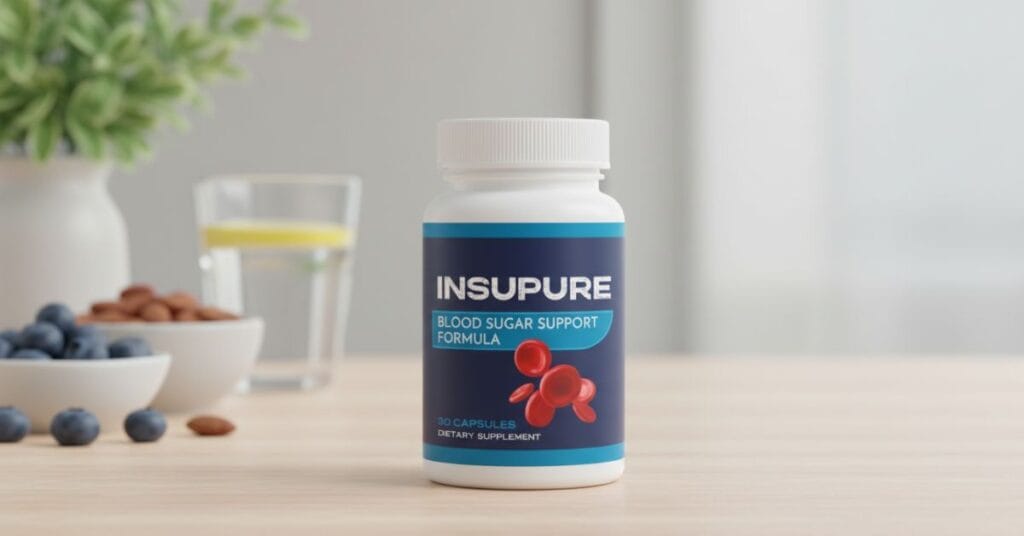 InsuPure supplement bottle displayed on clean background, natural blood sugar support formula, product image for insupure-reviews.