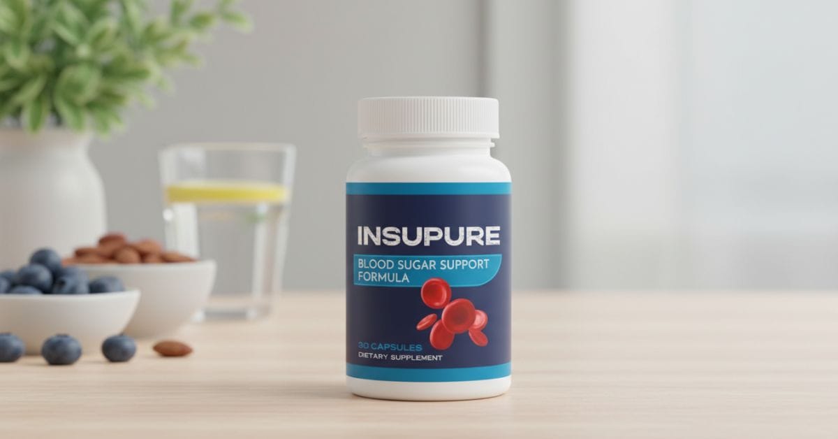 InsuPure supplement bottle displayed on clean background, natural blood sugar support formula, product image for insupure-reviews.