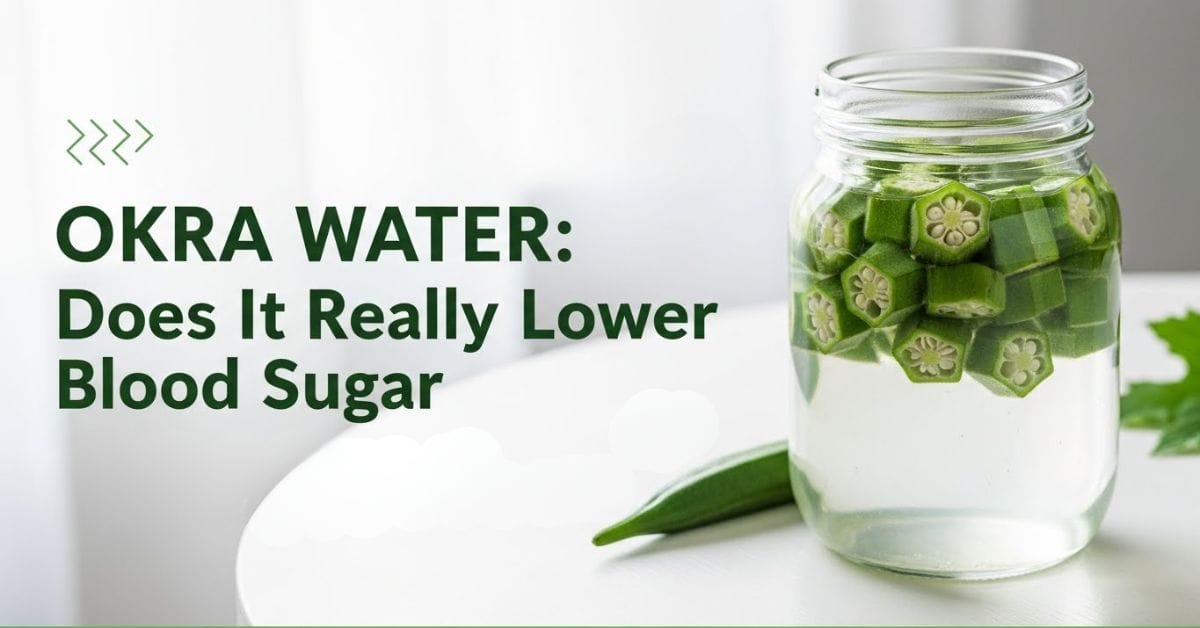 Glass of okra water with sliced okra pods soaking inside, placed on a clean white surface. The image highlights the green okra pieces and the gel-like texture released into the water, representing a natural home remedy often used to support healthy blood sugar levels