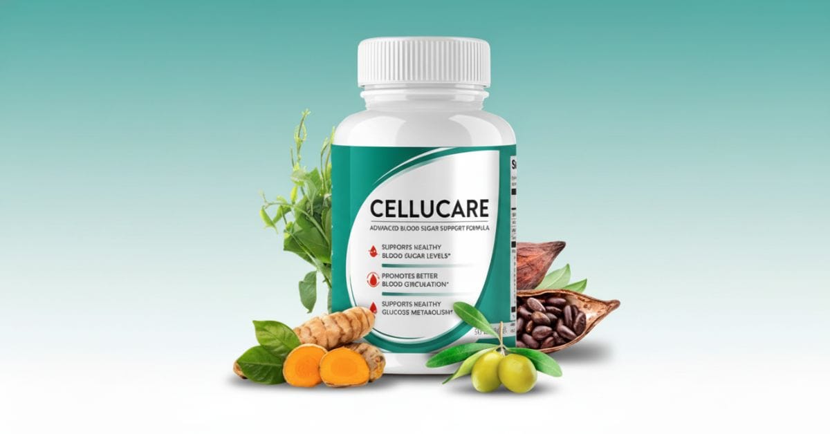 CelluCare blood sugar support supplement bottle displayed on a clean background, highlighting natural ingredients and daily capsule formula, official product image for 2025 review