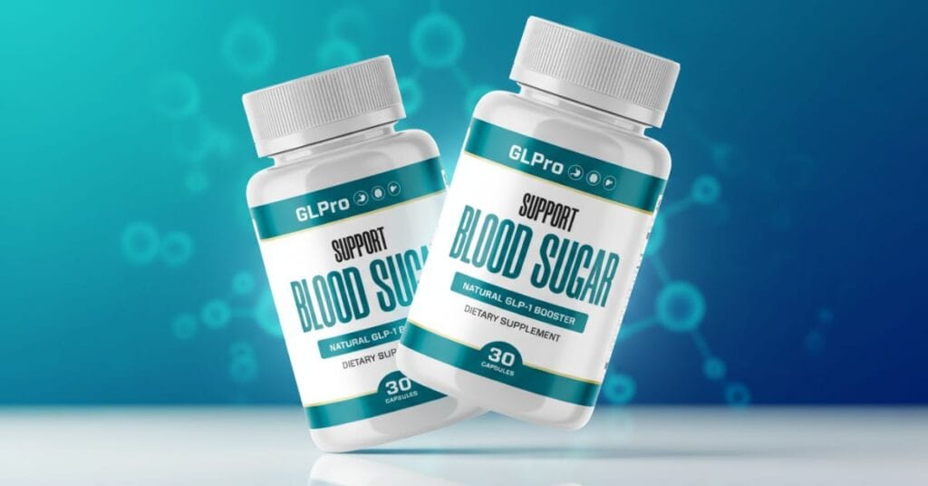 GLPRO blood sugar support supplement bottle displayed on a clean background, highlighting natural metabolic and glucose balance formula, official product image.