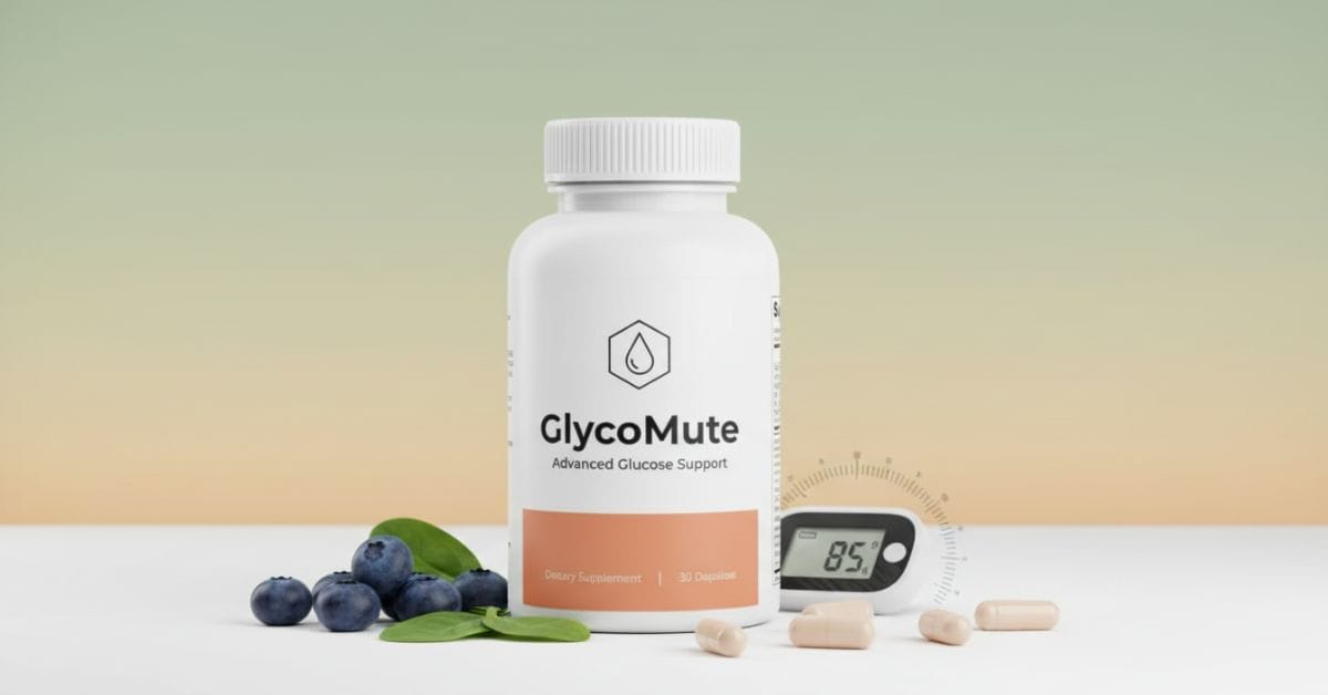 GlycoMute blood sugar support supplement bottle displayed on a clean background, highlighting natural ingredients for glucose balance, metabolism, and energy support.