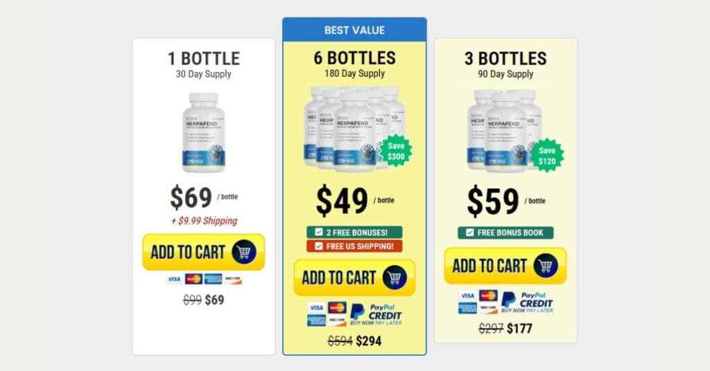 HerpaFend supplement bundles and official pricing options mockup.