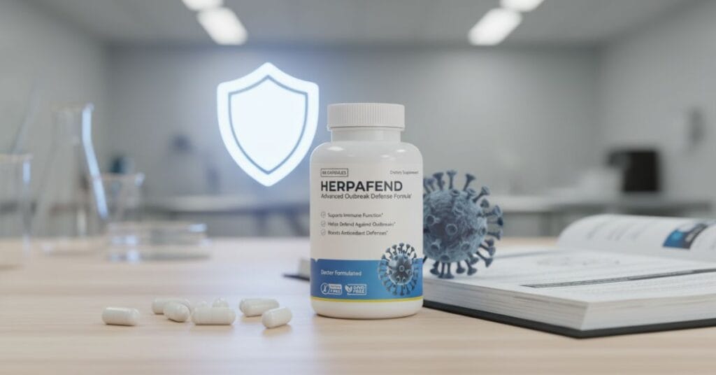 HerpaFend Review showing adult with healthy skin and HerpaFend supplement bottle on clean background, natural wellness lifestyle image for herpes symptom support.