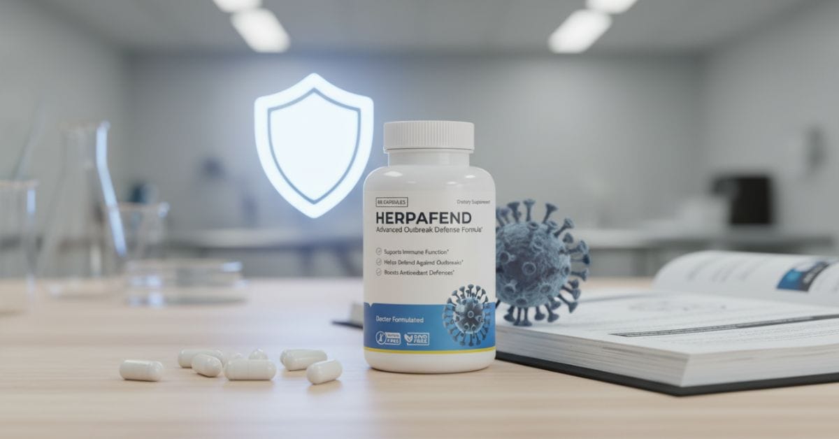 HerpaFend Review showing adult with healthy skin and HerpaFend supplement bottle on clean background, natural wellness lifestyle image for herpes symptom support.