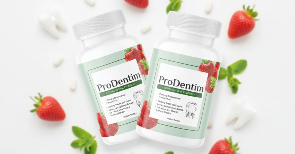 ProDentim ingredients displayed with probiotic strains, natural extracts, and oral health-supporting compounds used in the daily dental supplement formula.