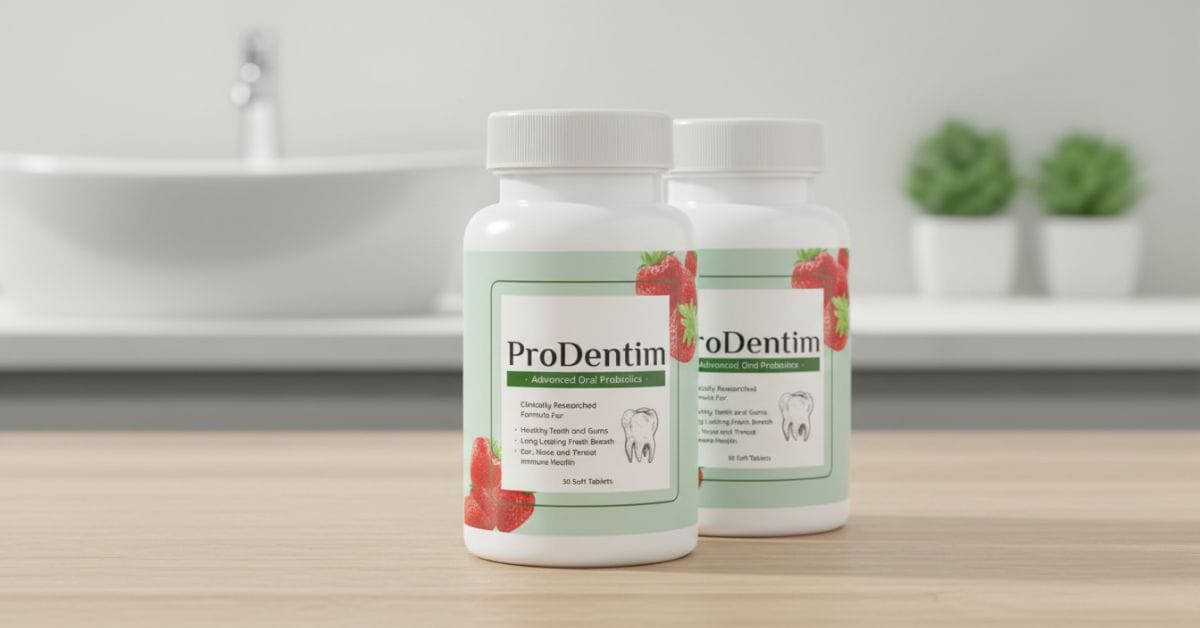 ProDentim oral health supplement bottle displayed on a clean background with probiotic ingredients, representing daily dental, gum, and breath support.