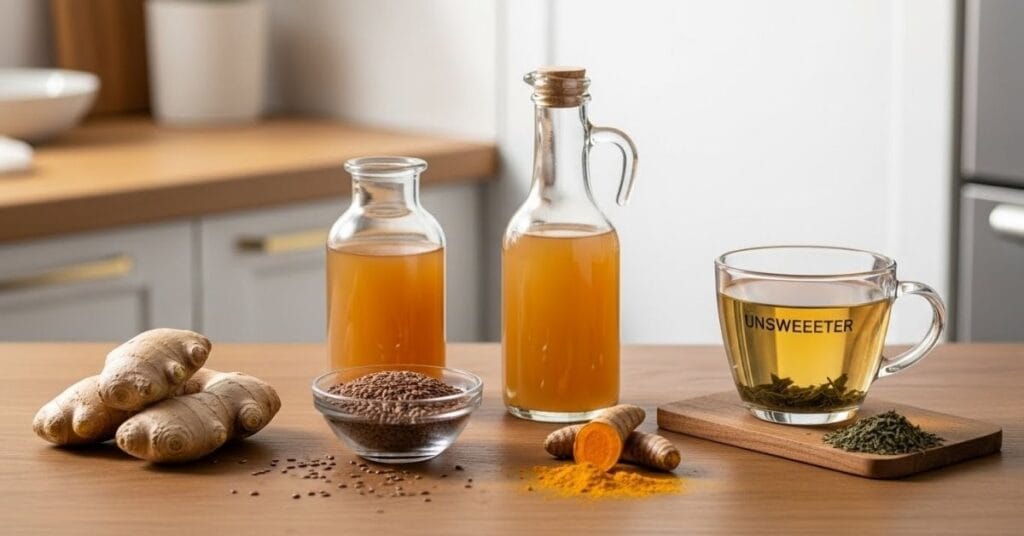 Everyday foods such as ginger, flaxseeds, apple cider vinegar, green tea, and turmeric arranged to support healthy blood sugar balance naturally.