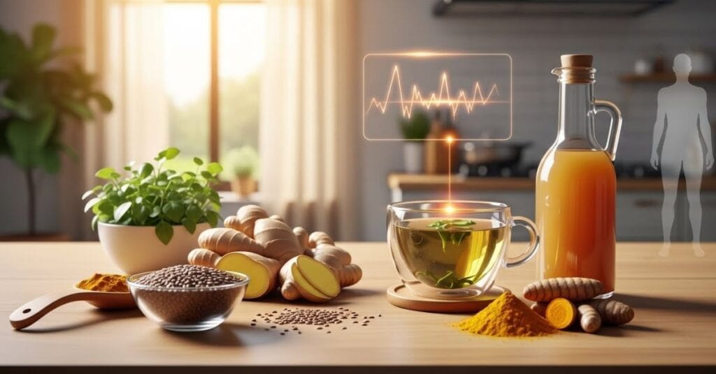 “Natural foods that support healthy blood sugar, including ginger, flax seeds, green tea, turmeric, and apple cider vinegar displayed on a table with a soft visual of balanced glucose levels and wellness.”