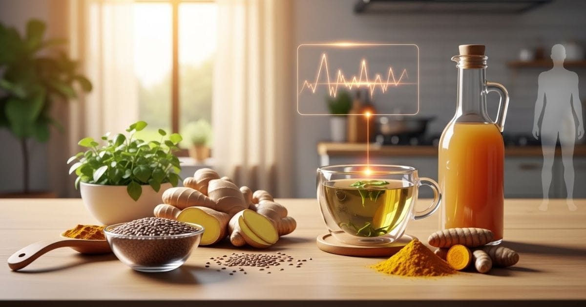 “Natural foods that support healthy blood sugar, including ginger, flax seeds, green tea, turmeric, and apple cider vinegar displayed on a table with a soft visual of balanced glucose levels and wellness.”