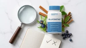 GlucoTrust bottle beside magnifying glass notebook cinnamon sticks and juniper berries on white marble — is GlucoTrust a scam or legit real reviews complaints and warning signs 2026