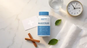 GlucoTrust bottle beside safety cross card water glass clock showing 10 PM and cinnamon on white marble — GlucoTrust side effects safety risks and medication interactions honest guide 2026