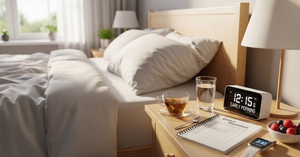 Ultra-realistic bedroom scene highlighting restful sleep and blood sugar management, with water, herbal tea, glucose tracking notebook, and a calm, sunlit environment promoting healthy lifestyle habits.