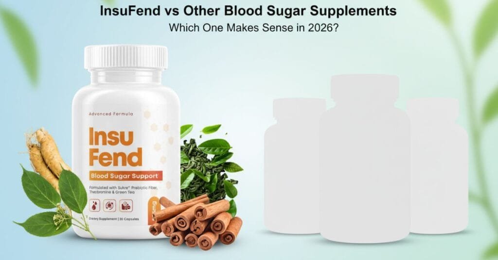 InsuFend blood sugar supplement bottle compared with generic blood sugar supplement bottles on a clean, medical-style background, illustrating a 2026 comparison