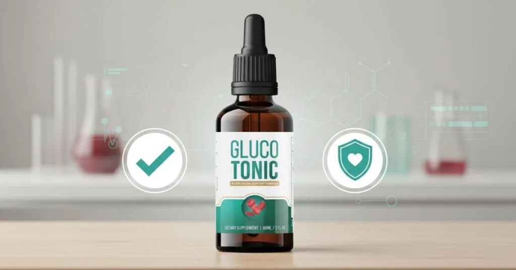 GlucoTonic supplement bottle with safety and legitimacy symbols