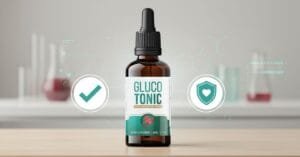 GlucoTonic supplement bottle with safety and legitimacy symbols
