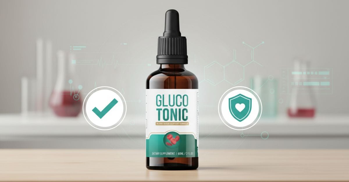 GlucoTonic supplement bottle with safety and legitimacy symbols