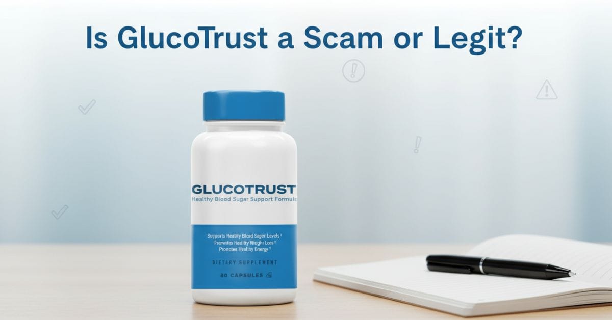 GlucoTrust supplement bottle displayed in a clean, professional setting, representing an objective analysis of whether GlucoTrust is a legitimate blood sugar support supplement or a scam.