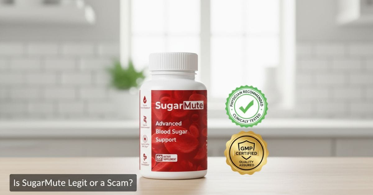 SugarMute bottle with verification icons, representing a legitimate blood sugar support supplement, set on a clean medical-style background.