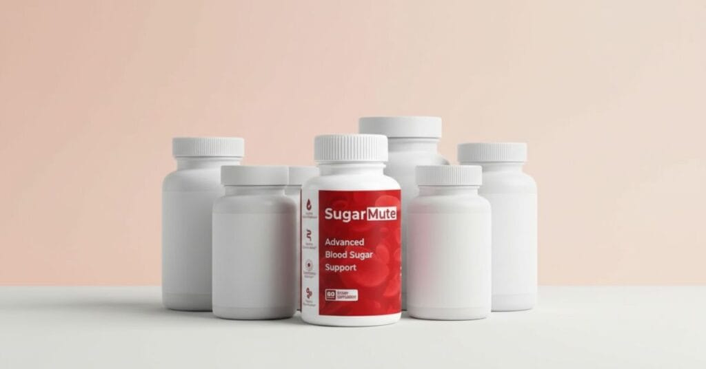 SugarMute bottle compared with other blood sugar supplement bottles on a clean background, illustrating natural ingredients, energy support, and blood sugar balance.