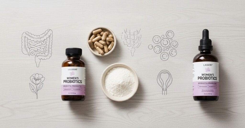 Assorted women’s probiotics on a clean surface with icons representing gut and vaginal health, highlighting supplements for digestive and vaginal wellness