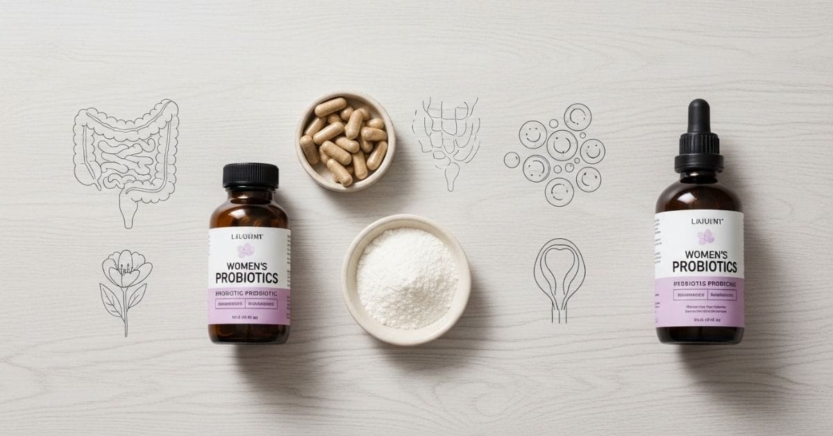 Assorted women’s probiotics on a clean surface with icons representing gut and vaginal health, highlighting supplements for digestive and vaginal wellness