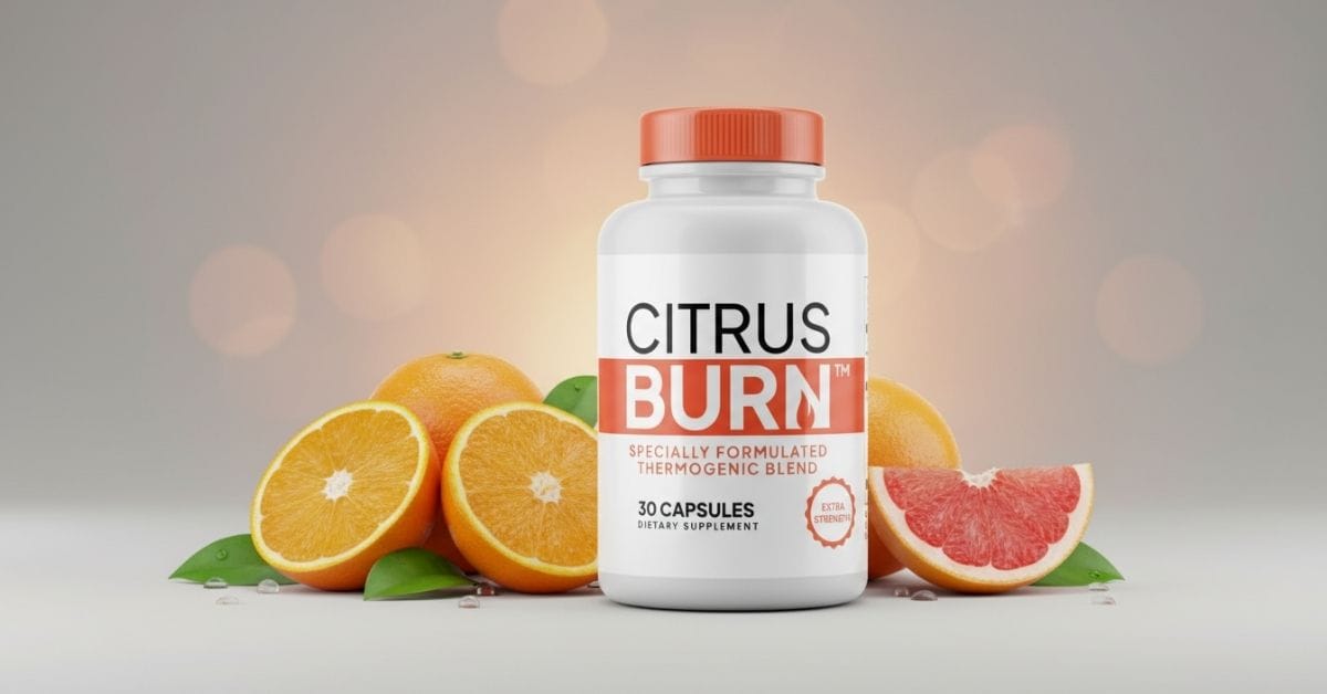 CitrusBurn thermogenic weight loss supplement bottle for women over 40, featuring citrus peel extract formula, white container with orange accents, front label displayed clearly against a clean background.