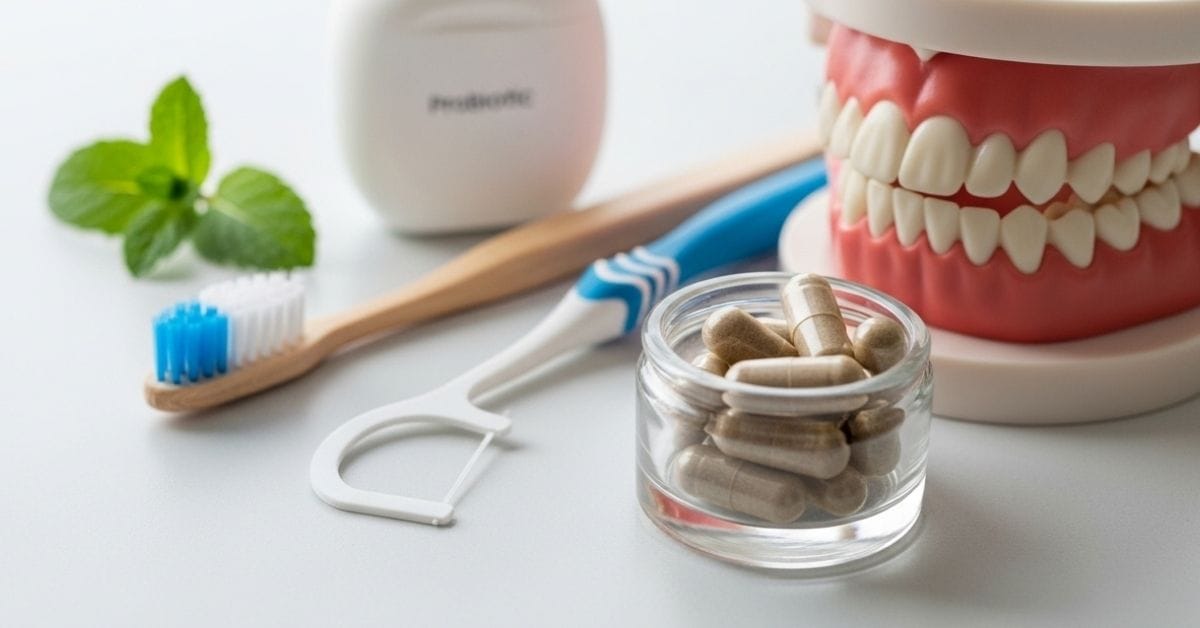 Oral health supplements with probiotic capsules and dental tools on clean surface representing gum and teeth support