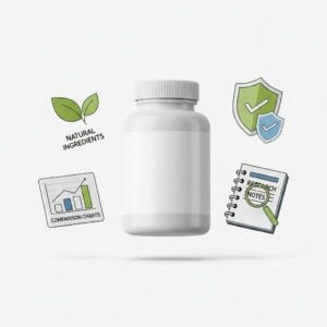 Supplement review illustration highlighting ingredient analysis, product comparison, and evidence-based evaluation of blood sugar supplements.