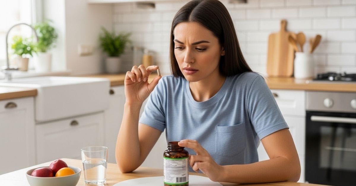 Woman reading supplement label carefully while holding weight loss capsules at kitchen table