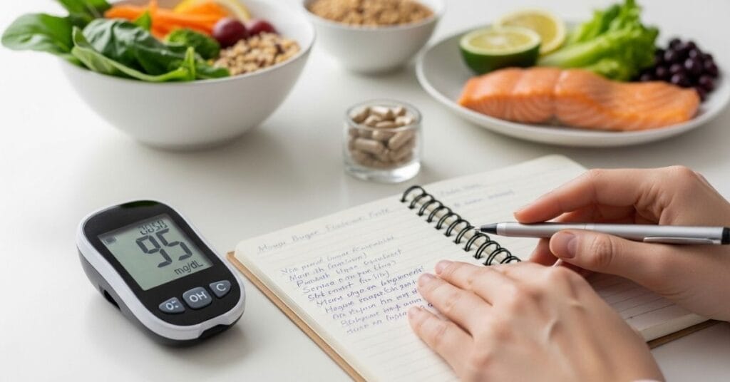 Blood glucose monitor showing normal reading on table with healthy foods and natural supplement capsules for blood sugar support